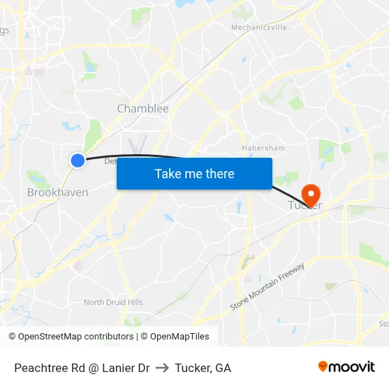 Peachtree Rd @ Lanier Dr to Tucker, GA map