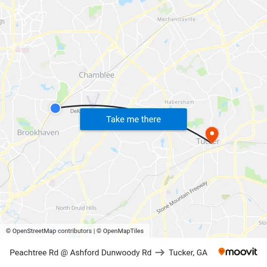 Peachtree Rd @ Ashford Dunwoody Rd to Tucker, GA map