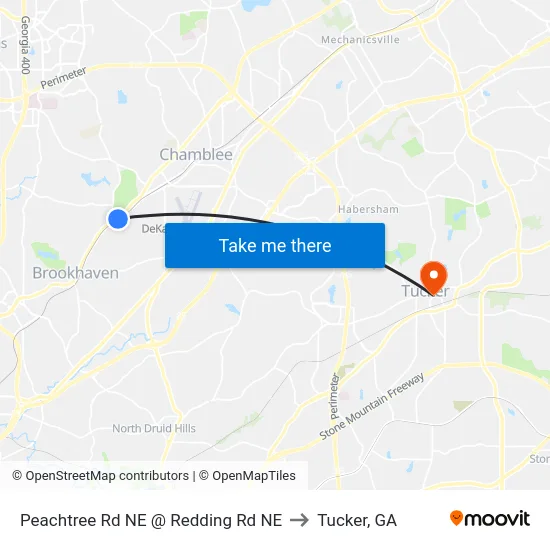 Peachtree Rd NE @ Redding Rd NE to Tucker, GA map