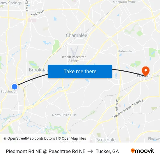 Piedmont Rd NE @ Peachtree Rd NE to Tucker, GA map