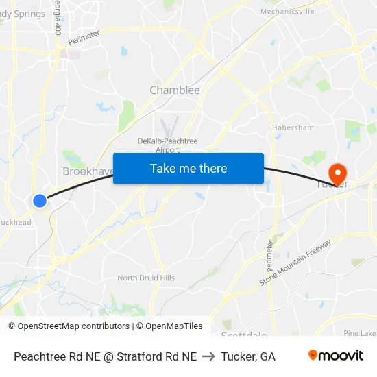 Peachtree Rd NE @ Stratford Rd NE to Tucker, GA map