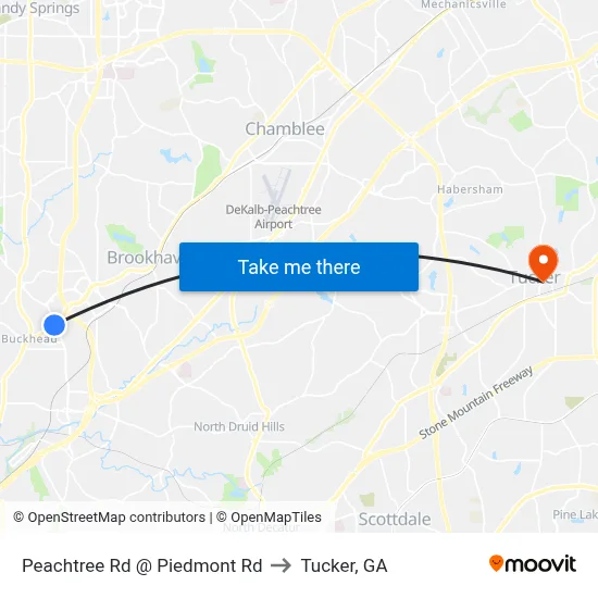 Peachtree Rd @ Piedmont Rd to Tucker, GA map