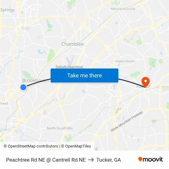 Peachtree Rd NE @ Cantrell Rd NE to Tucker, GA map