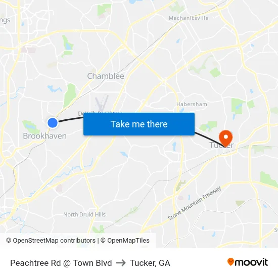 Peachtree Rd @ Town Blvd to Tucker, GA map
