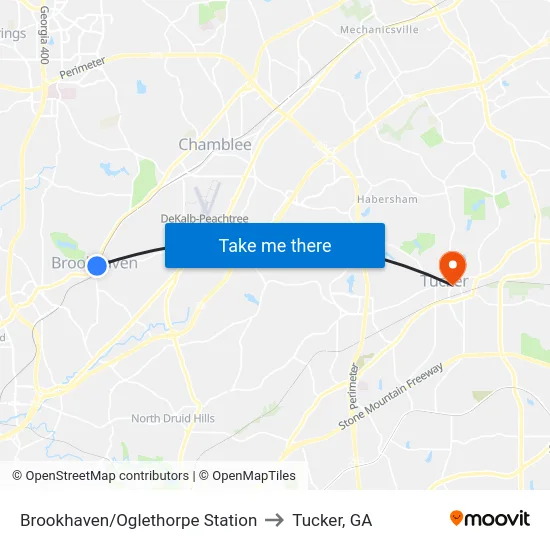 Brookhaven/Oglethorpe Station to Tucker, GA map