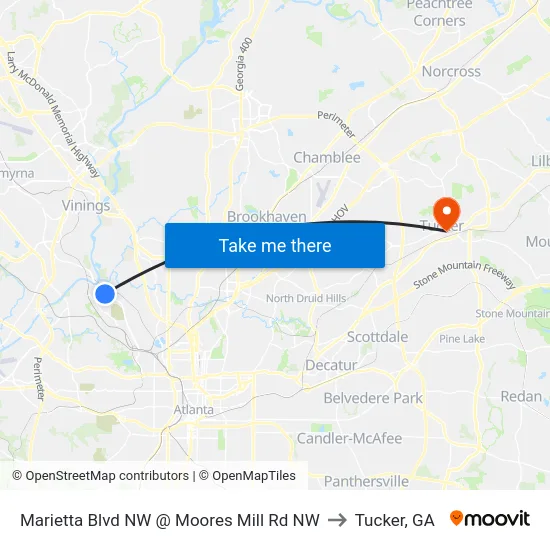 Marietta Blvd NW @ Moores Mill Rd NW to Tucker, GA map