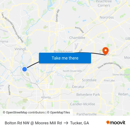 Bolton Rd NW @ Moores Mill Rd to Tucker, GA map