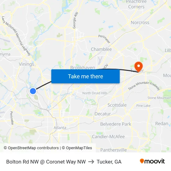 Bolton Rd NW @ Coronet Way NW to Tucker, GA map