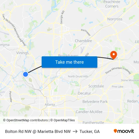 Bolton Rd NW @ Marietta Blvd NW to Tucker, GA map