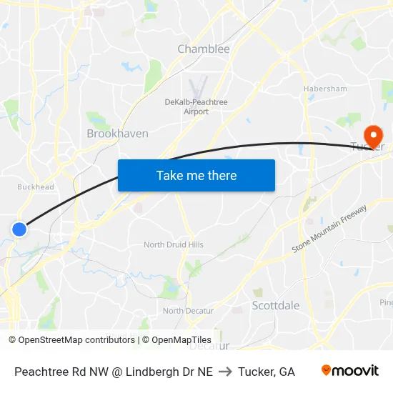 Peachtree Rd NW @ Lindbergh Dr NE to Tucker, GA map