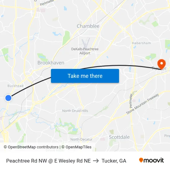 Peachtree Rd NW @ E Wesley Rd NE to Tucker, GA map