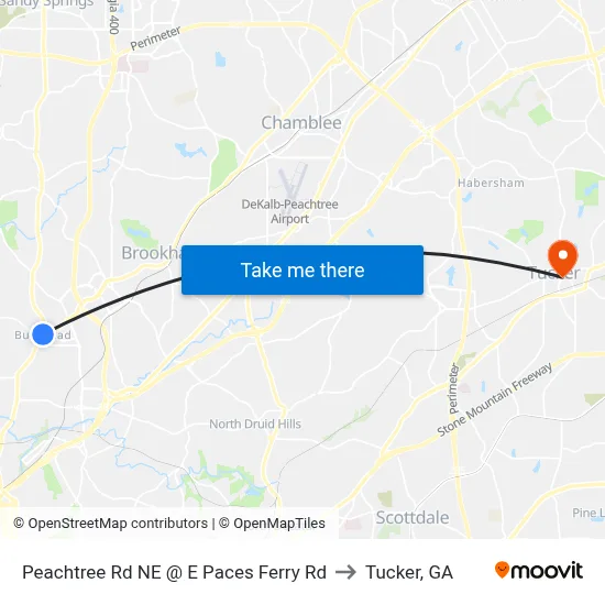 Peachtree Rd NE @ E Paces Ferry Rd to Tucker, GA map
