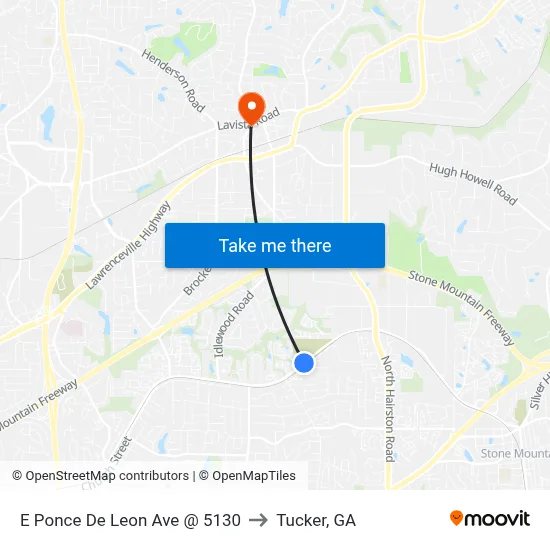 E Ponce De Leon Ave @ 5130 to Tucker, GA map