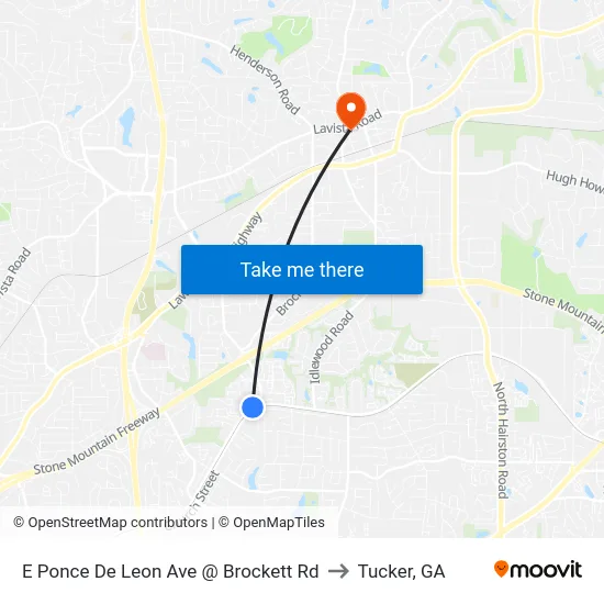 E Ponce De Leon Ave @ Brockett Rd to Tucker, GA map