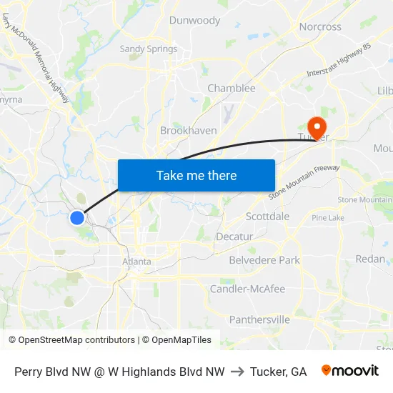 Perry Blvd NW @ W Highlands Blvd NW to Tucker, GA map