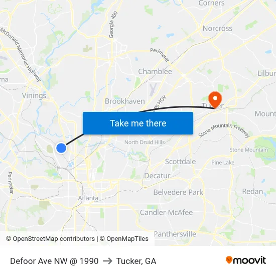 Defoor Ave NW @ 1990 to Tucker, GA map