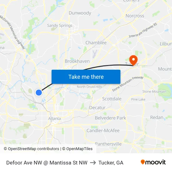Defoor Ave NW @ Mantissa St NW to Tucker, GA map