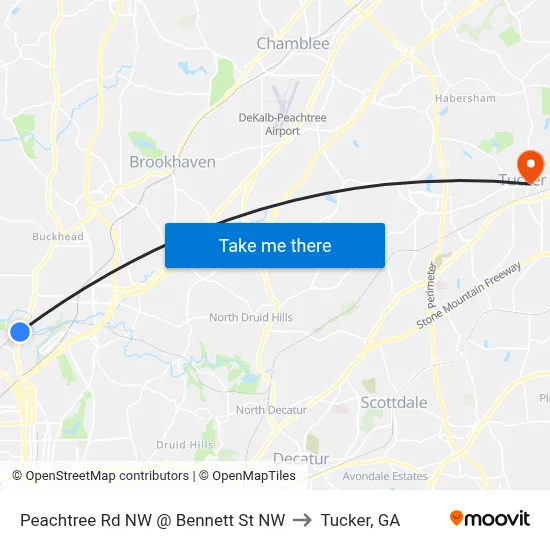 Peachtree Rd NW @ Bennett St NW to Tucker, GA map