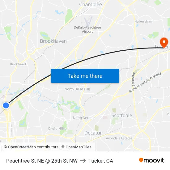 Peachtree St NE @ 25th St NW to Tucker, GA map