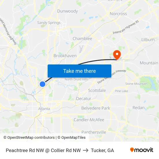 Peachtree Rd NW @ Collier Rd NW to Tucker, GA map