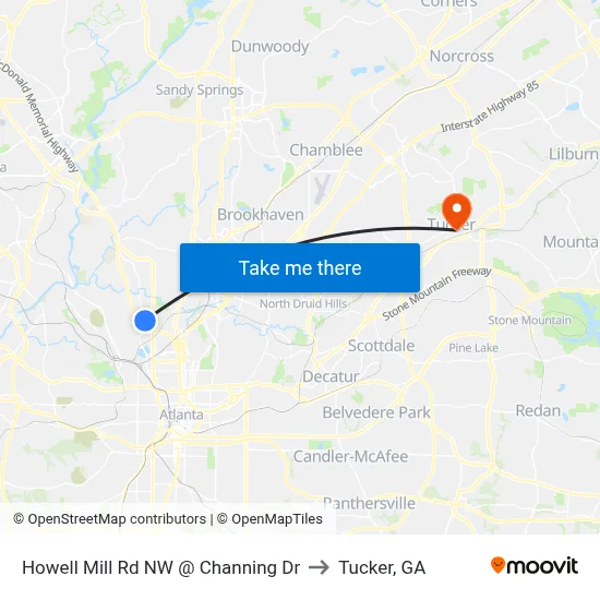 Howell Mill Rd NW @ Channing Dr to Tucker, GA map