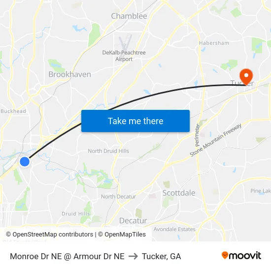 Monroe Dr NE @ Armour Dr NE to Tucker, GA map