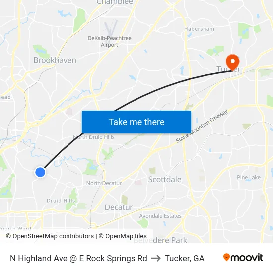 N Highland Ave @ E Rock Springs Rd to Tucker, GA map