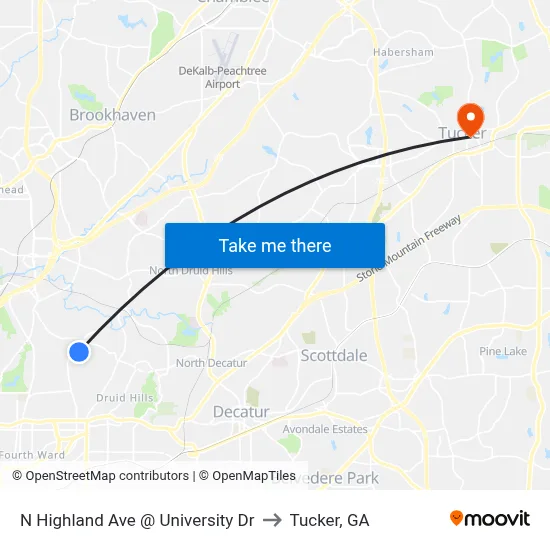 N Highland Ave @ University Dr to Tucker, GA map