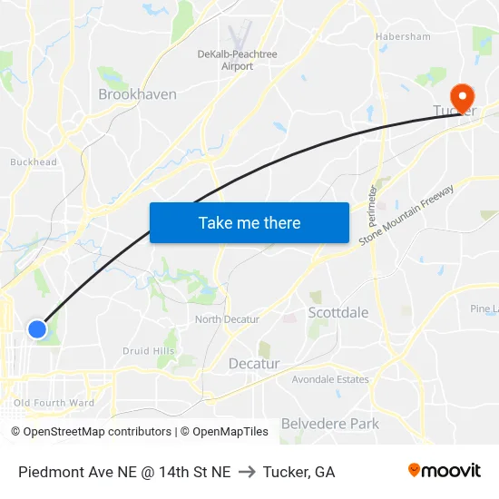 Piedmont Ave NE @ 14th St NE to Tucker, GA map