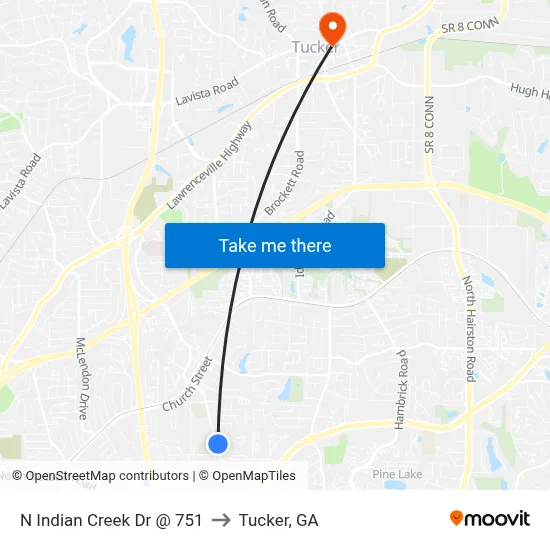 N Indian Creek Dr @ 751 to Tucker, GA map