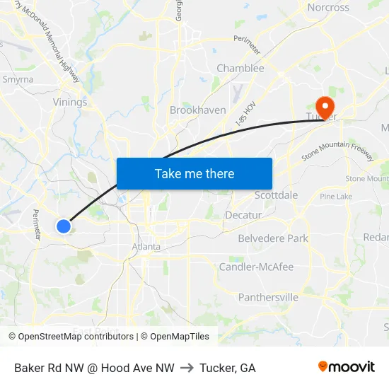 Baker Rd NW @ Hood Ave NW to Tucker, GA map
