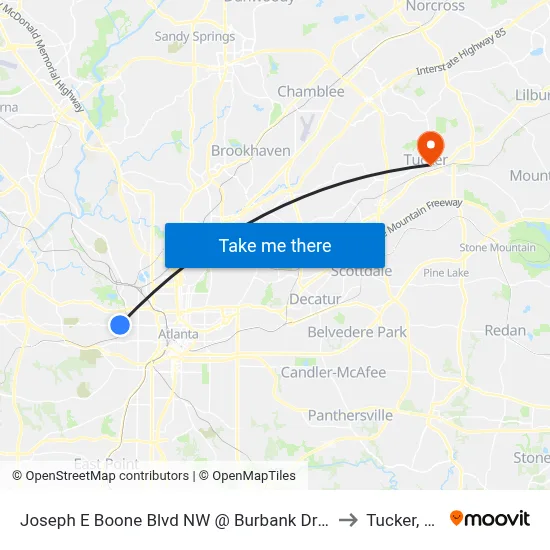 Joseph E Boone Blvd NW @ Burbank Dr NW to Tucker, GA map