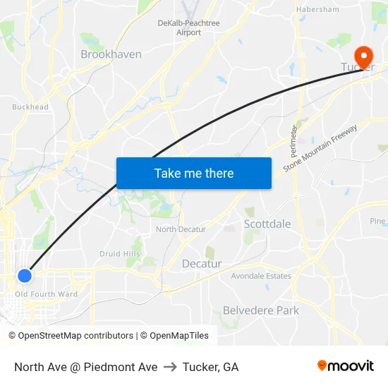 North Ave @ Piedmont Ave to Tucker, GA map