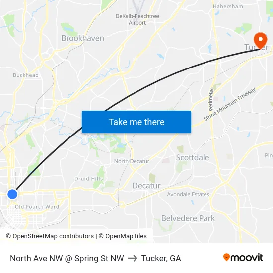 North Ave NW @ Spring St NW to Tucker, GA map