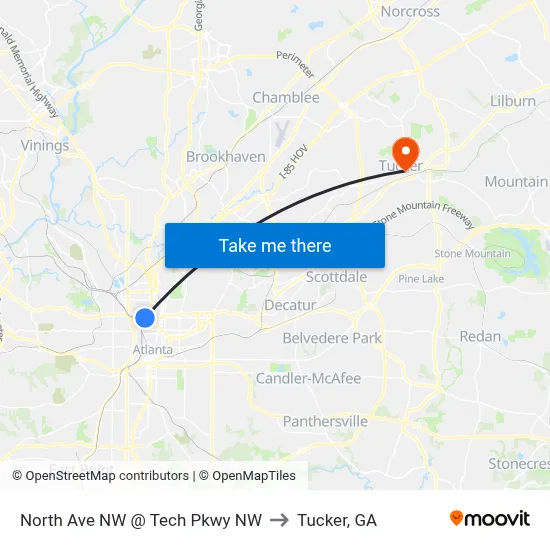 North Ave NW @ Tech Pkwy NW to Tucker, GA map