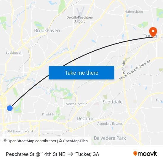 Peachtree St @ 14th St NE to Tucker, GA map
