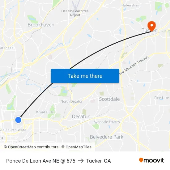 Ponce De Leon Ave NE @ 675 to Tucker, GA map