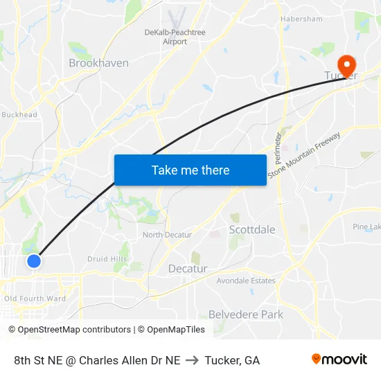 8th St NE @ Charles Allen Dr NE to Tucker, GA map