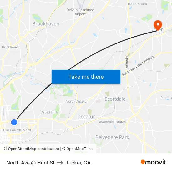 North Ave @ Hunt St to Tucker, GA map