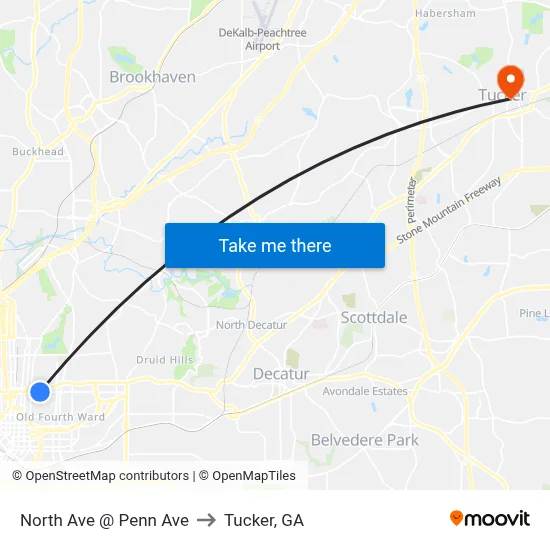 North Ave @ Penn Ave to Tucker, GA map