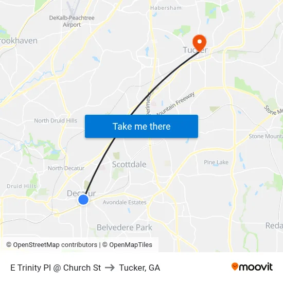 E Trinity Pl @ Church St to Tucker, GA map