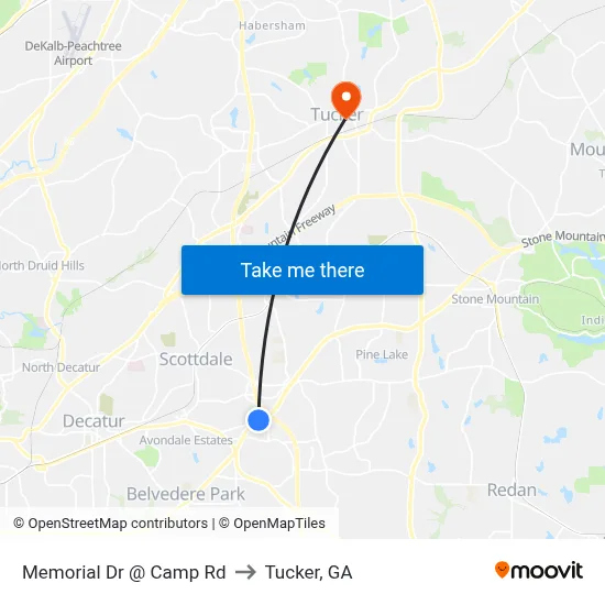 Memorial Dr @ Camp Rd to Tucker, GA map