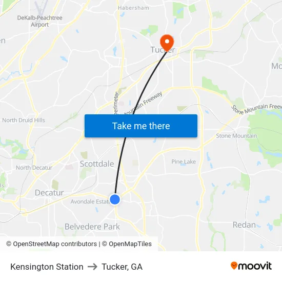 Kensington Station to Tucker, GA map