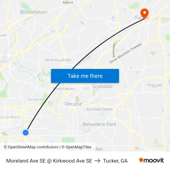 Moreland Ave SE @ Kirkwood Ave SE to Tucker, GA map