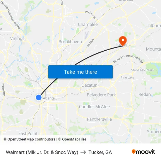 Walmart (Mlk Jr. Dr. & Sncc Way) to Tucker, GA map