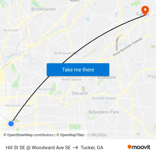 Hill St SE @ Woodward Ave SE to Tucker, GA map