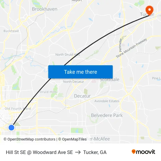 Hill St SE @ Woodward Ave SE to Tucker, GA map