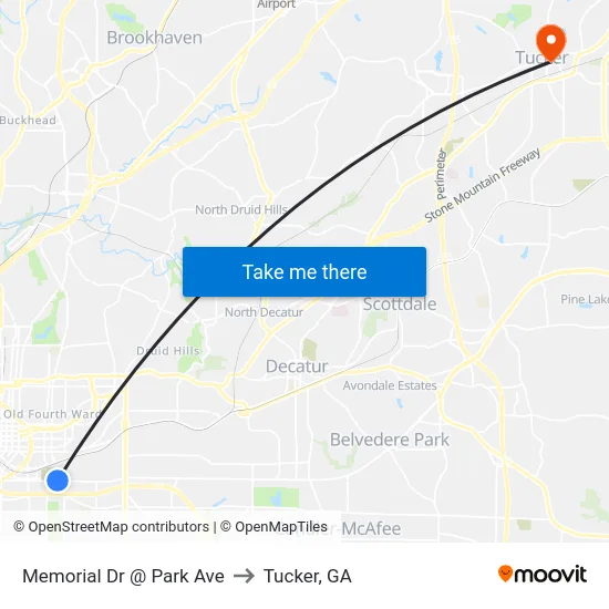 Memorial Dr @ Park Ave to Tucker, GA map