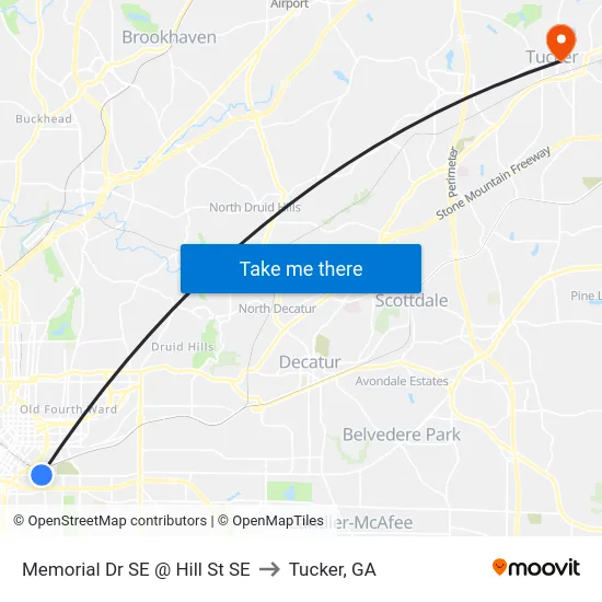 Memorial Dr SE @ Hill St SE to Tucker, GA map