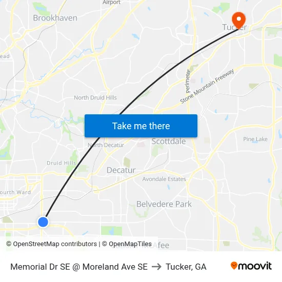 Memorial Dr SE @ Moreland Ave SE to Tucker, GA map